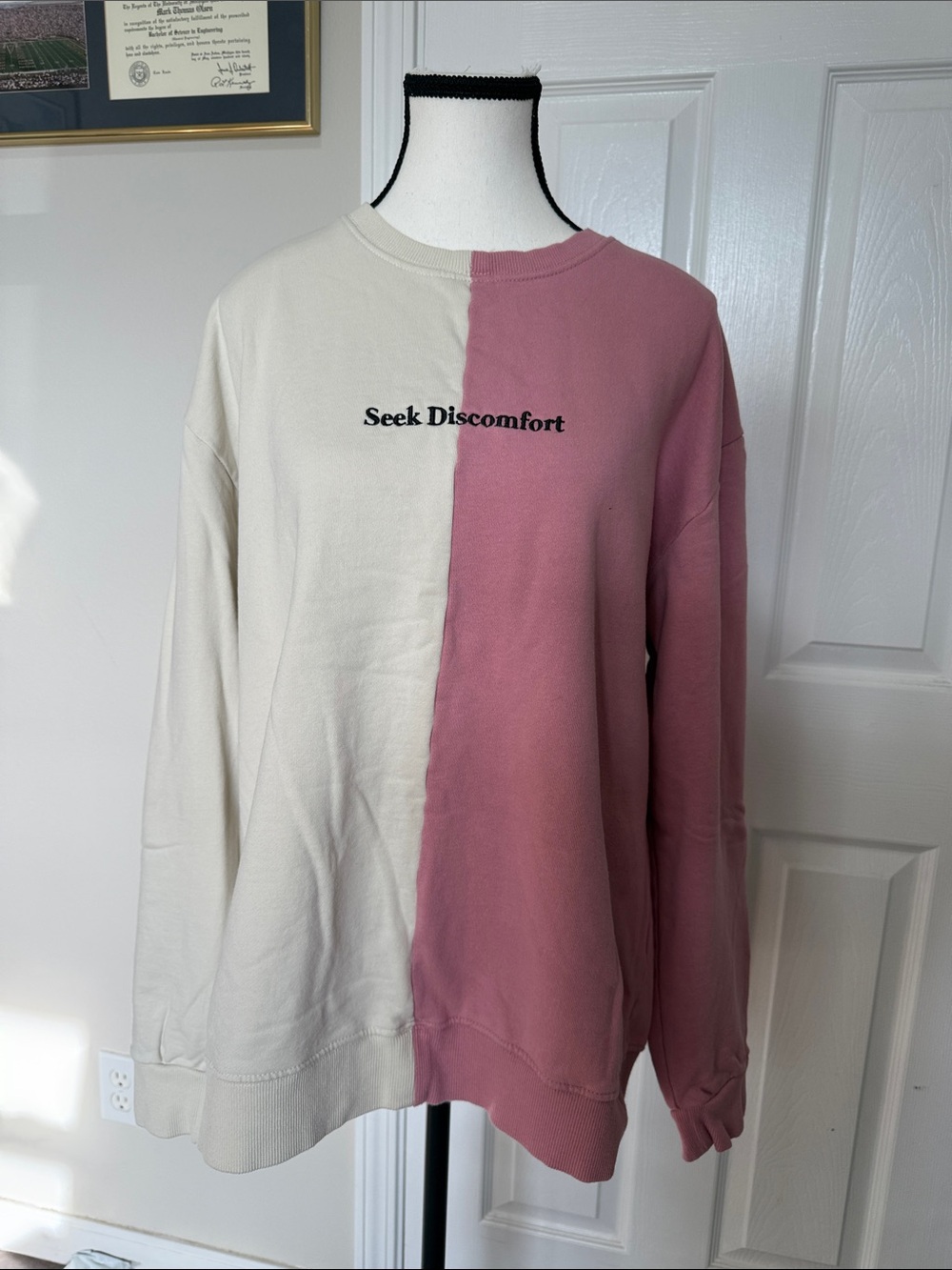 Seek Discomfort Two-Tone Crewneck Sweater - Cream & Dusty Rose Unisex Sz XL